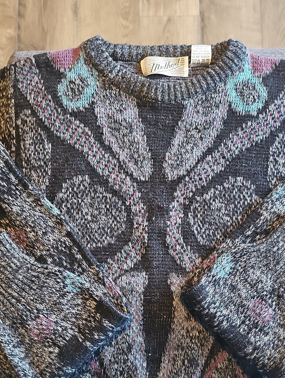 METHOD Sweater Blue Purple Women Black Multi Knit Crewneck Vintage Gray